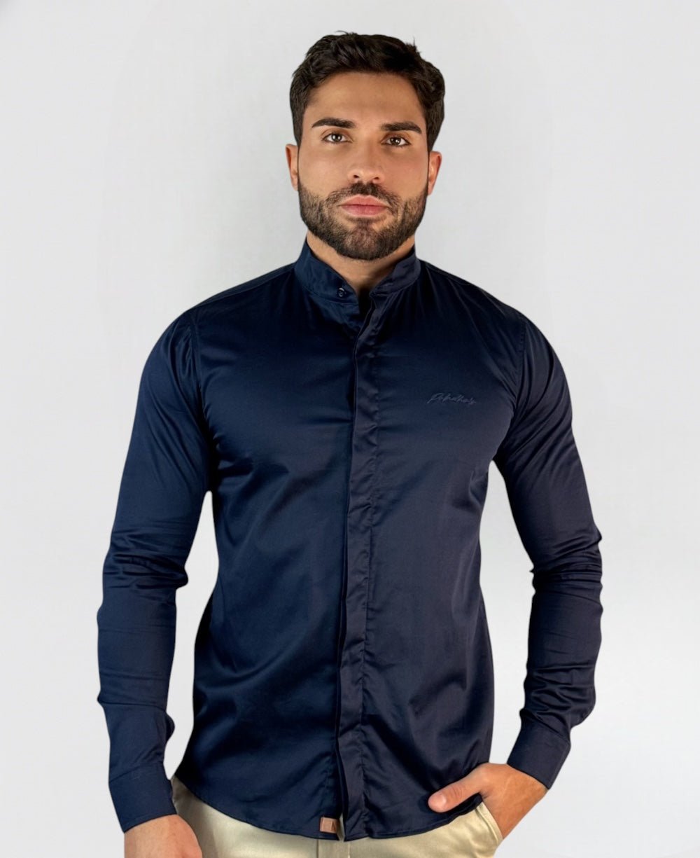 Camisa Social Azul Marinho Gola Padre Acetinada - Paladhos