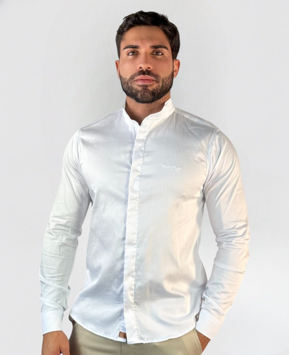 Camisa Manga longa Branca Gola Padre Acetinada - Paladhos
