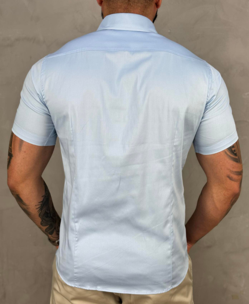 Camisa Social Azul Bebe Manga Curta Básica Acetinada - Paladho's Jeans Wear