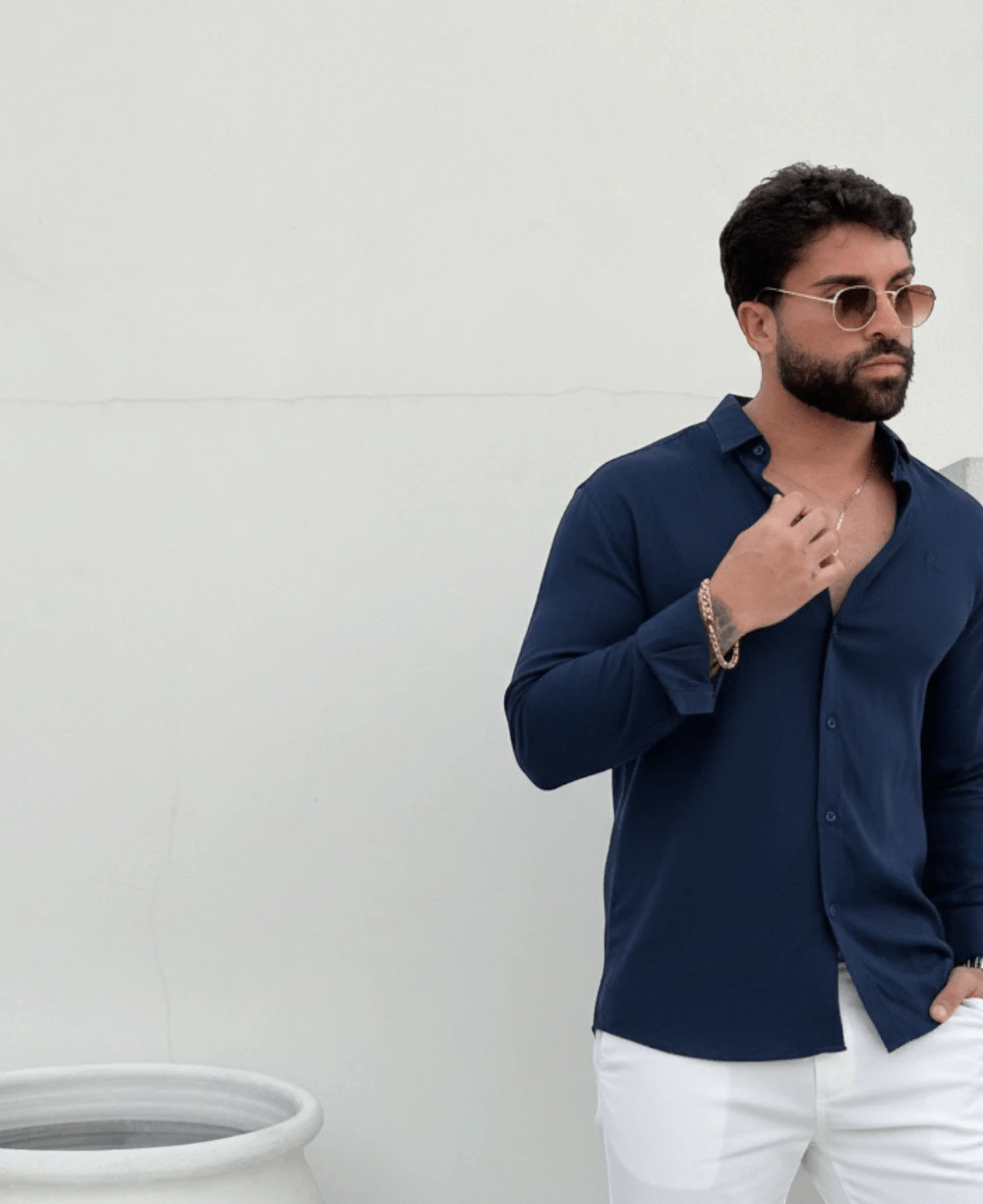 Camisa Dubai Gola Tradicional Azul Marinho Masculino - Per Pochi