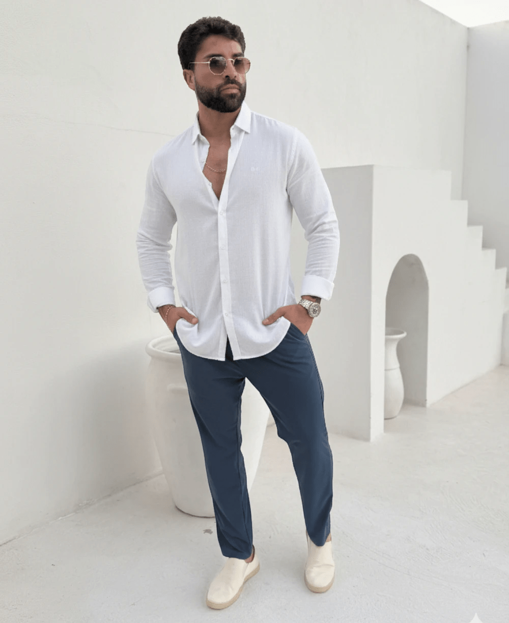 Camisa Dubai Gola Tradicional Branca Masculino - Per Pochi