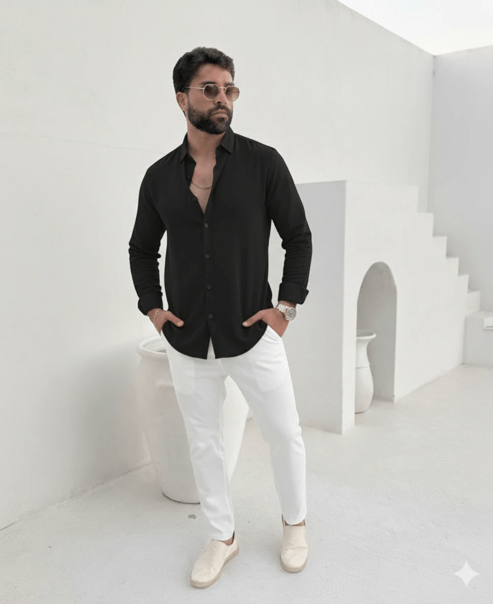 Camisa Social Dubai Gola Tradicional Preto Masculino - Per Pochi