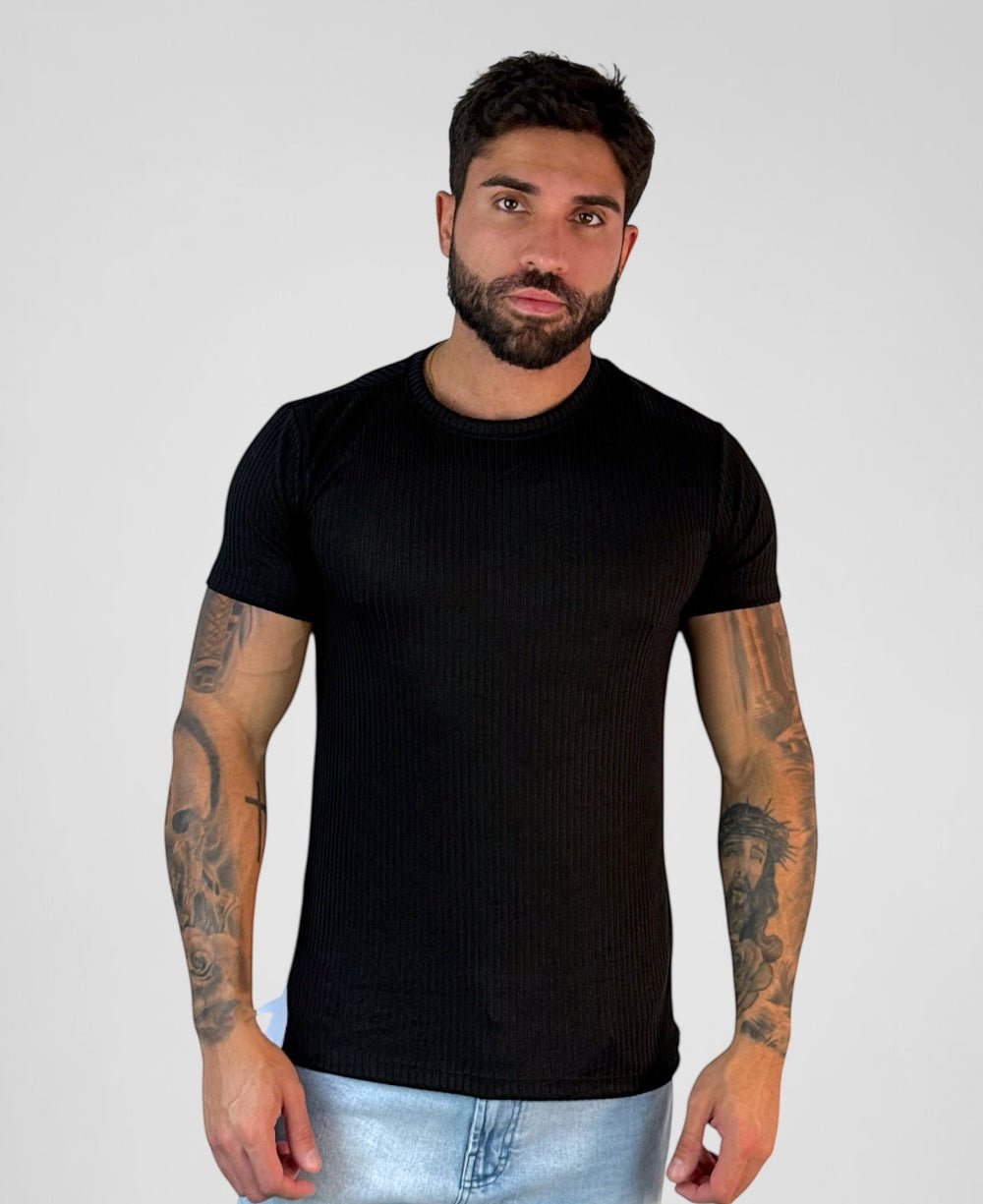 Camiseta Trico Canelado Preto Manga Curta - Paladho's Jeans Wear