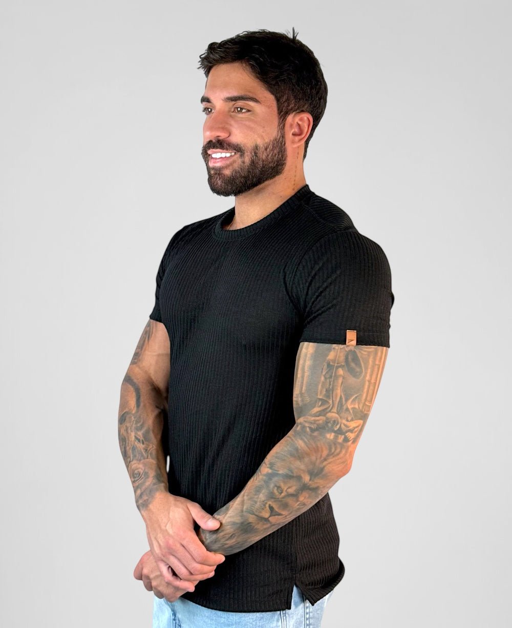 Camiseta Trico Canelado Preto Manga Curta - Paladho's Jeans Wear