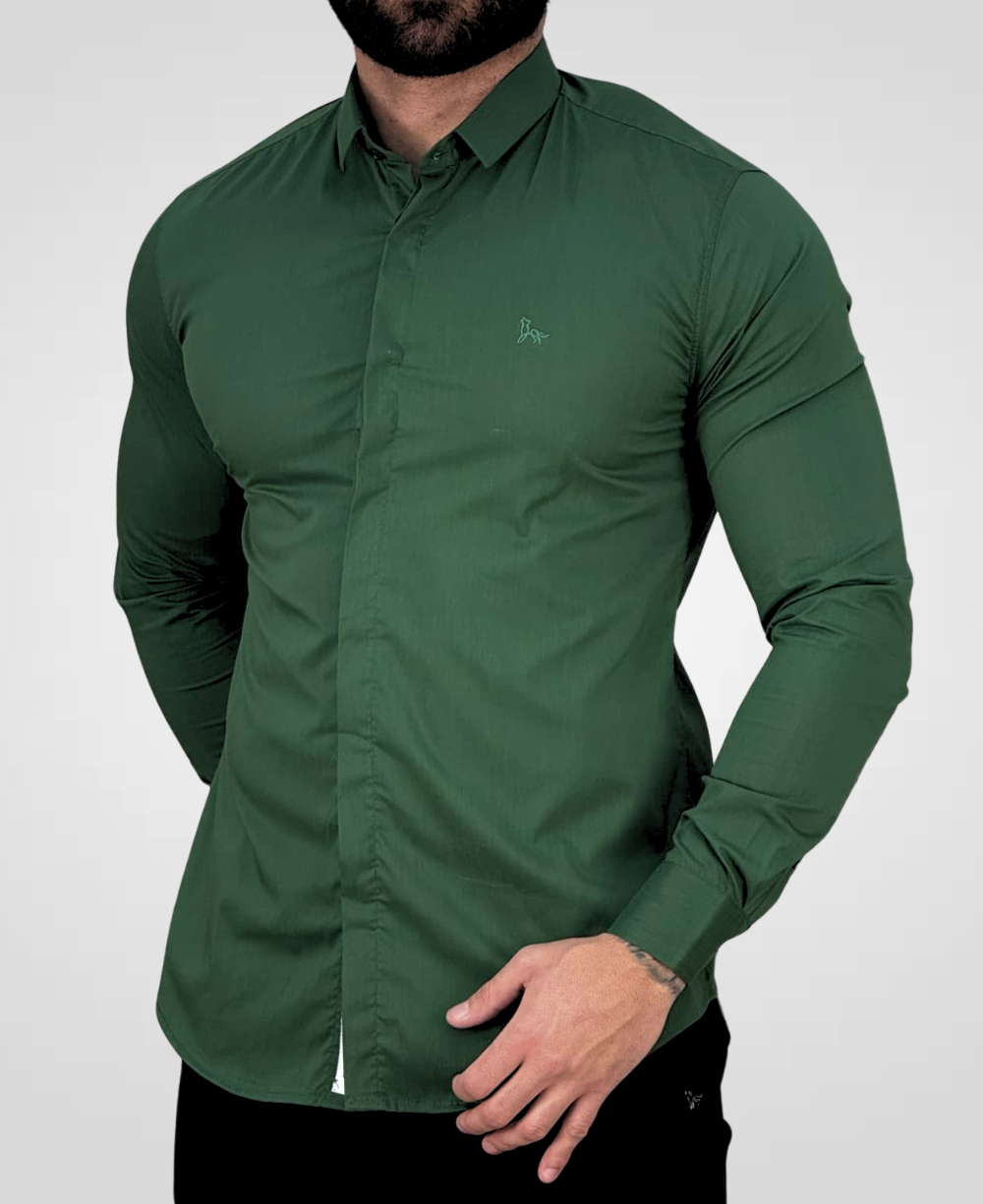 Camisa Social Verde Musgo Masculina Acetinada - Per Pochi
