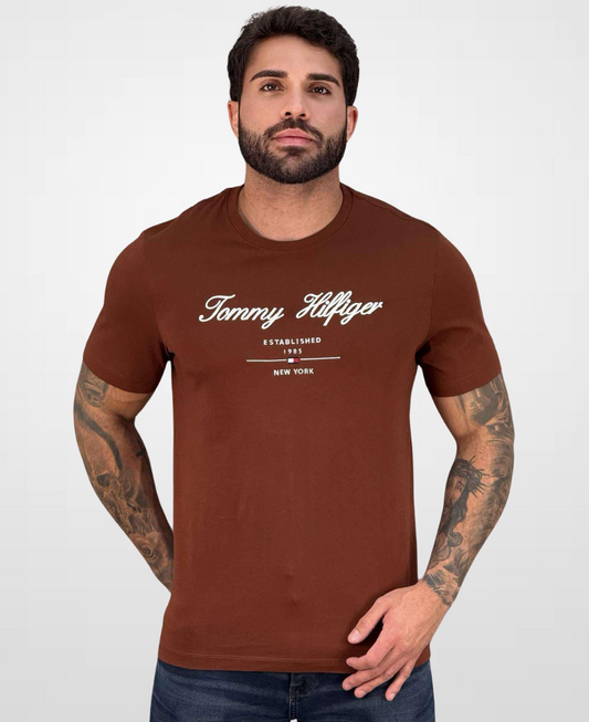 Camiseta Marrom Script Logo Masculina Regular Fit - Tommy