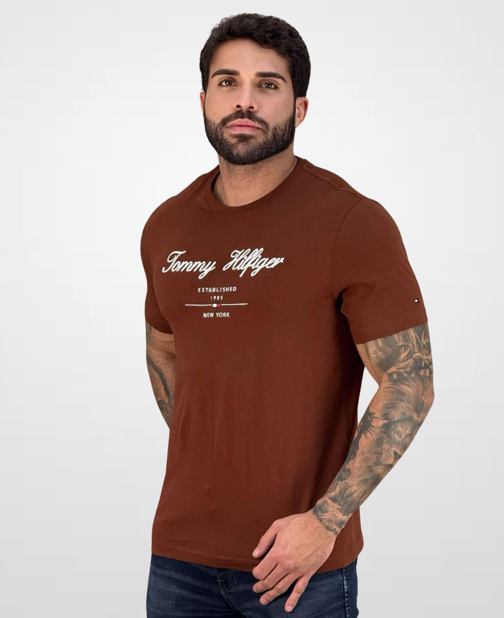 Camiseta Marrom Script Logo Masculina Regular Fit - Tommy
