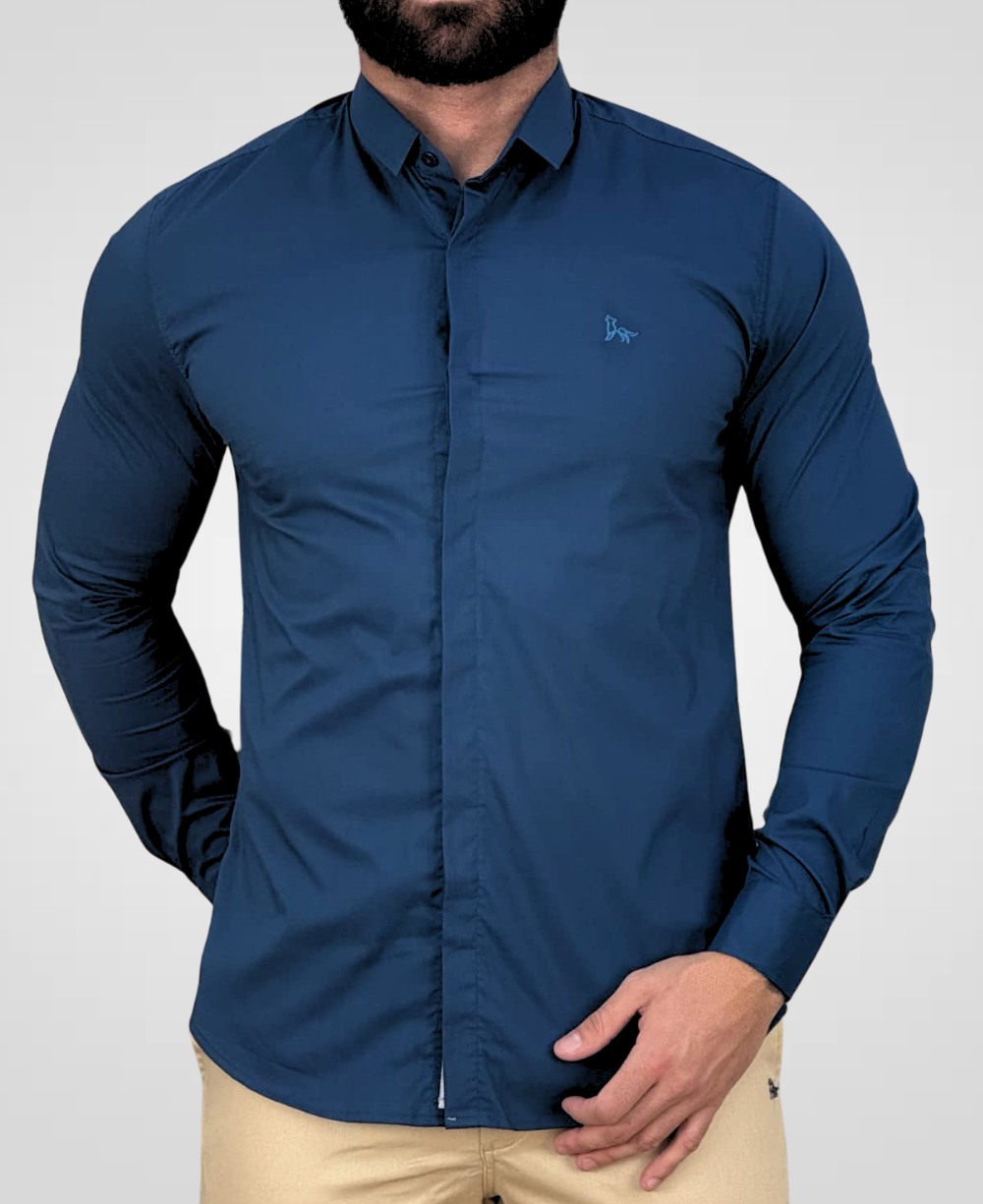 Camisa Social Azul Royal Masculina Acetinada - Per Pochi