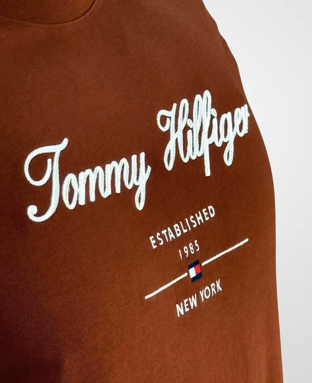 Camiseta Marrom Script Logo Masculina Regular Fit - Tommy