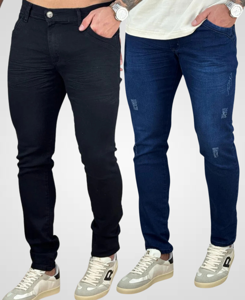 Kit 2 Calças Jeans Preto e Escuro Rasgo Masculino Skinny - Rota 77