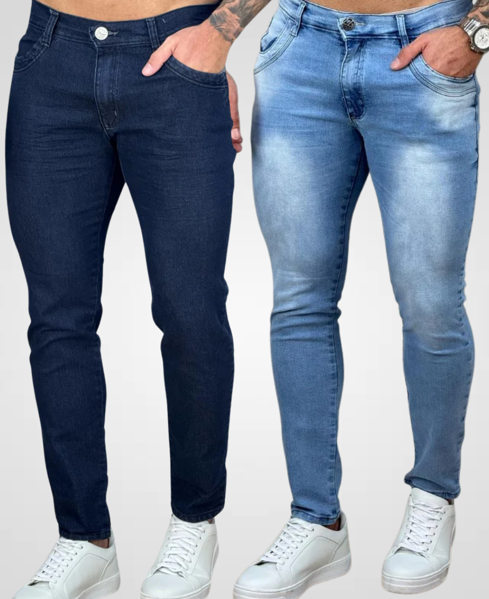 Kit 2 Calças Jeans Claro Estonado e Escuro  Masculino Skinny - Rota 77