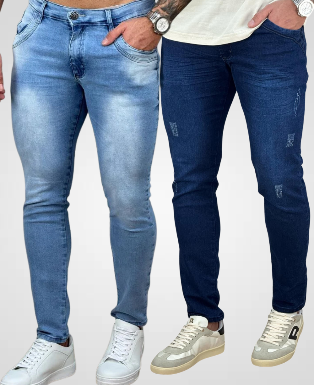 Kit 2 Calças Jeans Estonado e Rasgado  Masculino Skinny - Rota 77