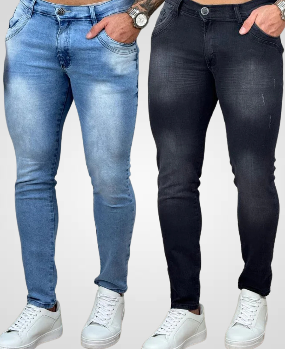 Kit 2 Calças Jeans Estonado e Preto Mescla  Masculino Skinny - Rota 77