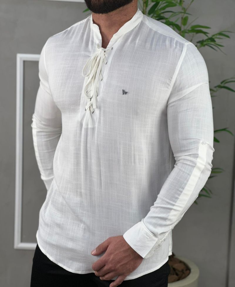 Camisa Branca Com Detalhe De Amarrar Masculino - Per Pochi