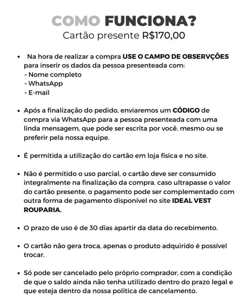 CARTÃO PRESENTE PRATA R$170,00
